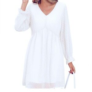 Zenana Swiss Dot Babydoll Long Sleeve Sheer Lined V-neck White Mini Dress Size L
